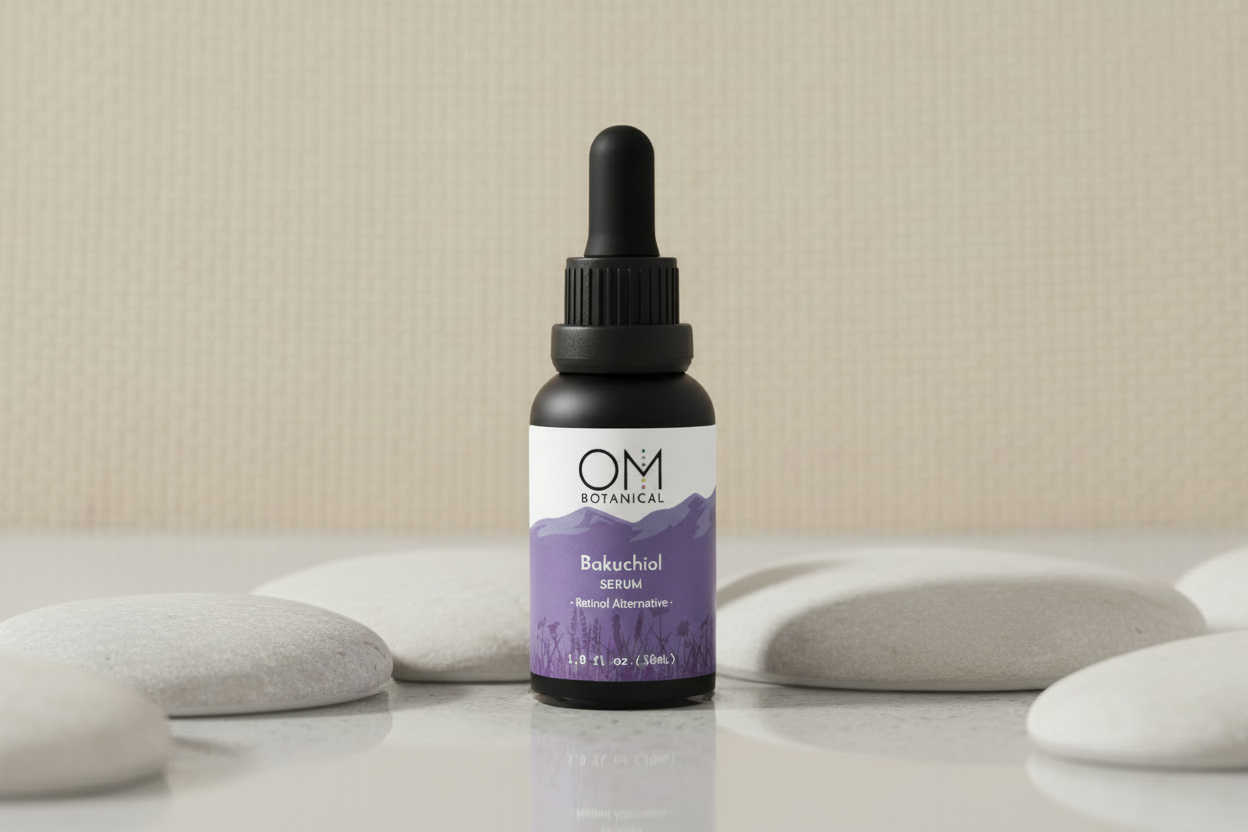 Bakuchiol Serum - color and dropper detail | OM Botanical<br/><br/>Bakuchiol Serum