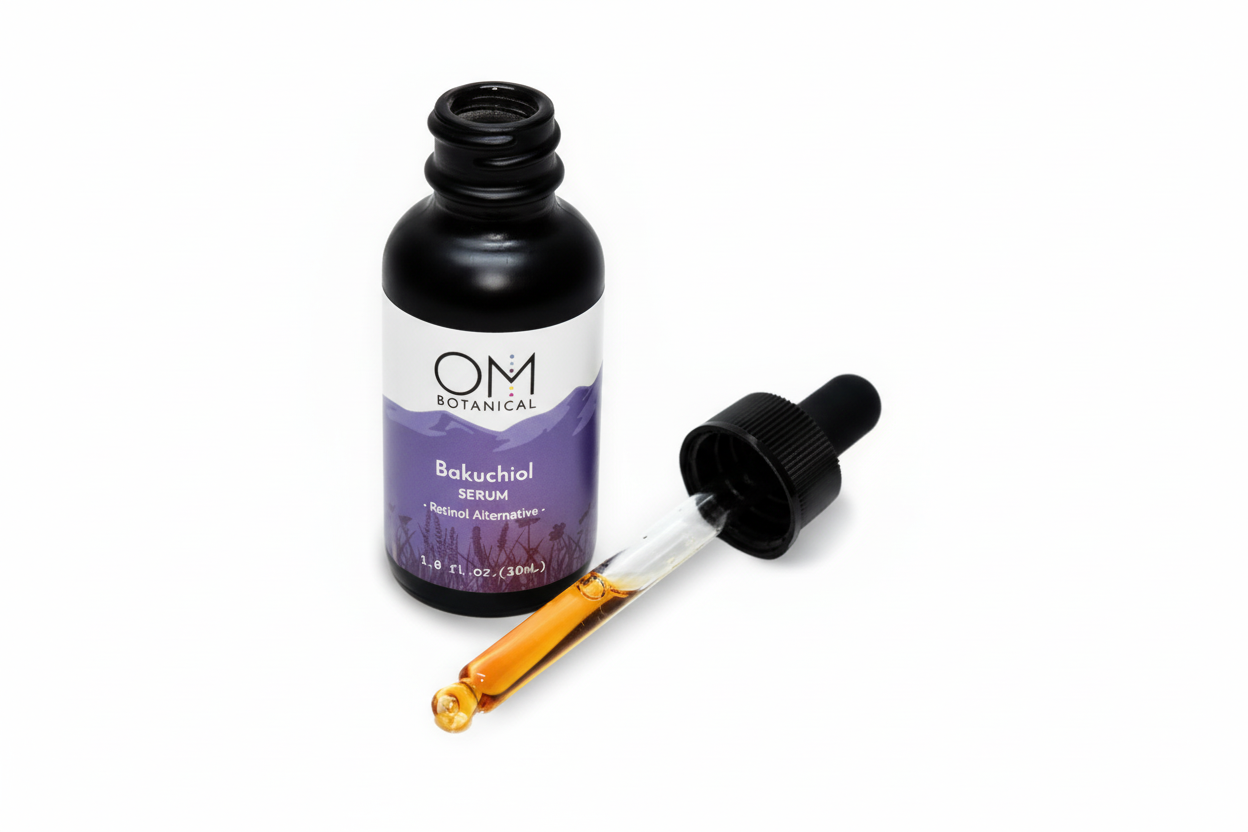Bakuchiol Serum - color and dropper detail | OM Botanical<br/><br/>Bakuchiol Serum